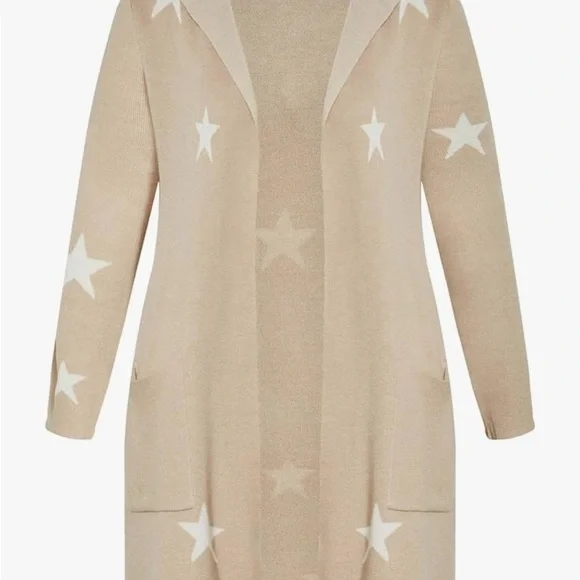 Splendid Scarlett Hooded Cardigan • Tan w/ Cream Stars • Open Front • NWT Small - Picture 2 of 5